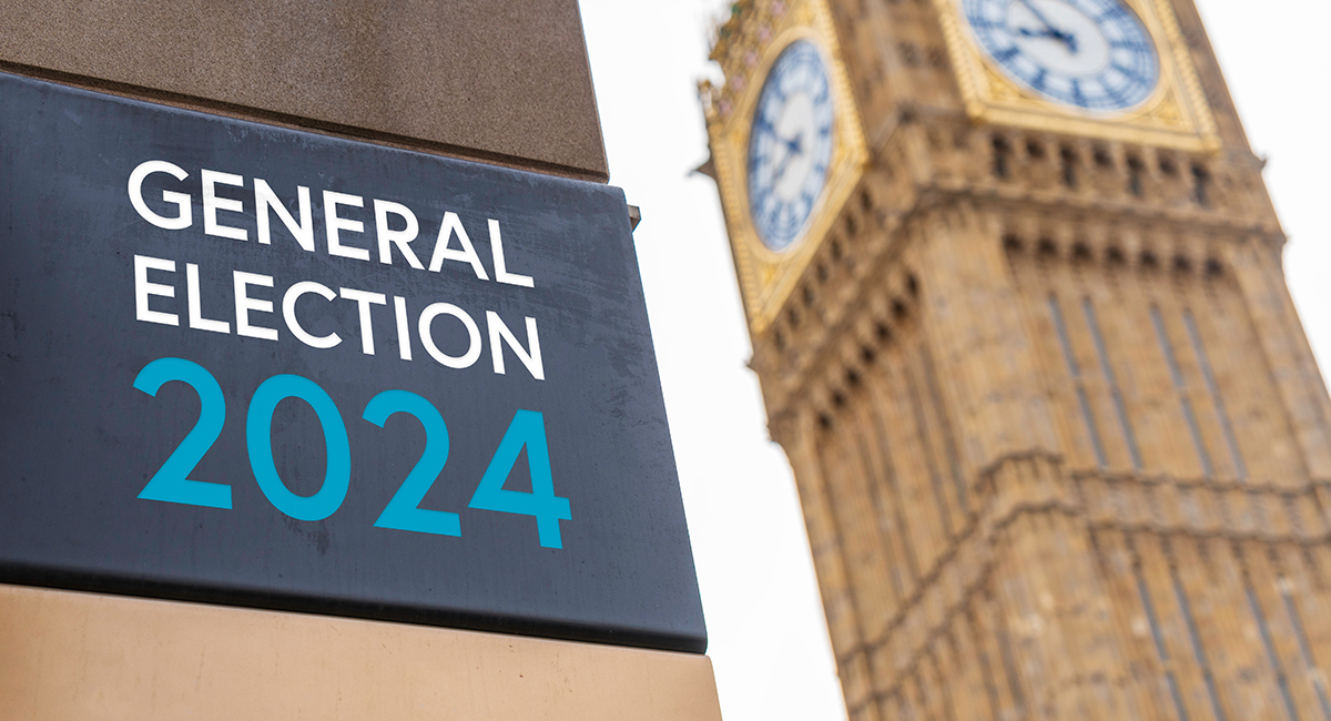 General Election 2024 sign in front of Westminster
